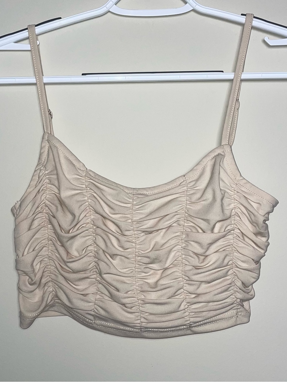 Princess Polly 4 Ruched Textured Front Beige Stretchy Crop Top Summer